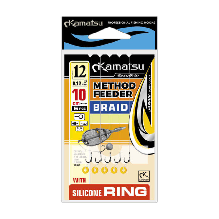 Kamatsu carlige pentru Method Feeder + Silicone Ring model Sensei #6 legate cu fir textil 10cm (5buc/plic) – carlige debarbetate - imagine 4